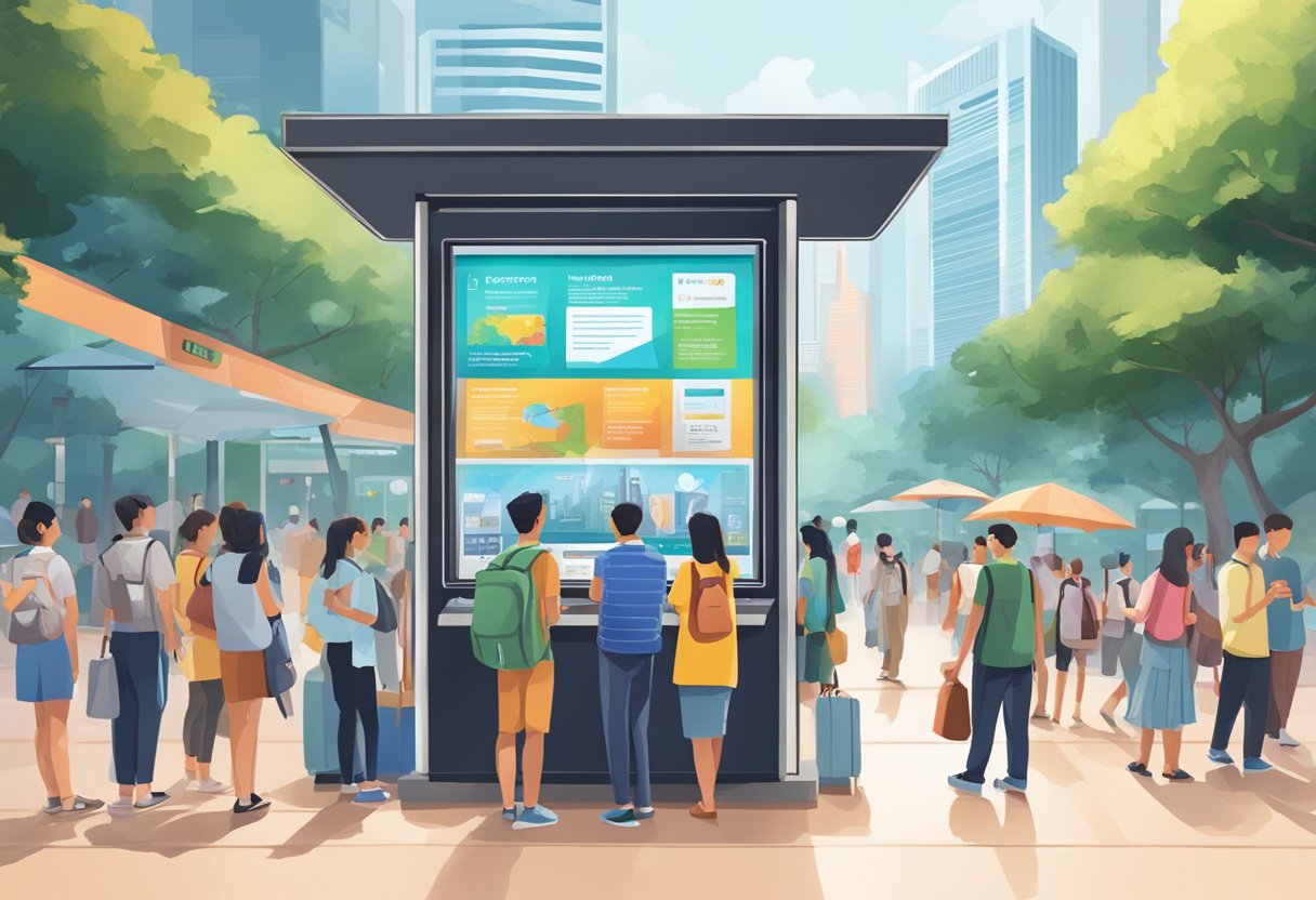 A bright, modern information kiosk stands in a bustling Singapore cityscape, surrounded by curious visitors seeking answers