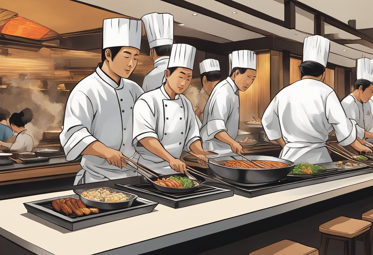 A sizzling teppanyaki grill, surrounded by diners, with chefs performing impressive knife tricks and cooking techniques at Benihana Singapore