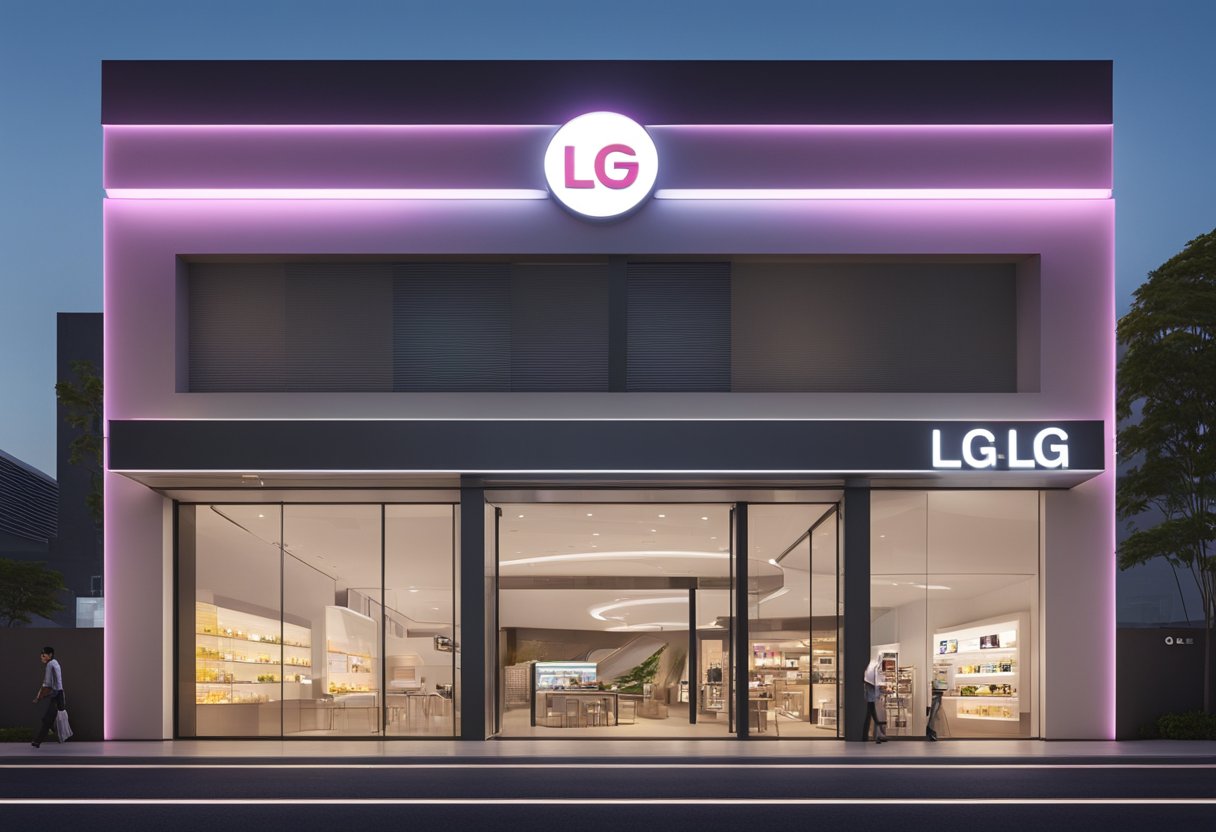 LG Electronics logo displayed on a sleek storefront in Singapore. Bright lights illuminate the modern facade, with the company name prominently featured