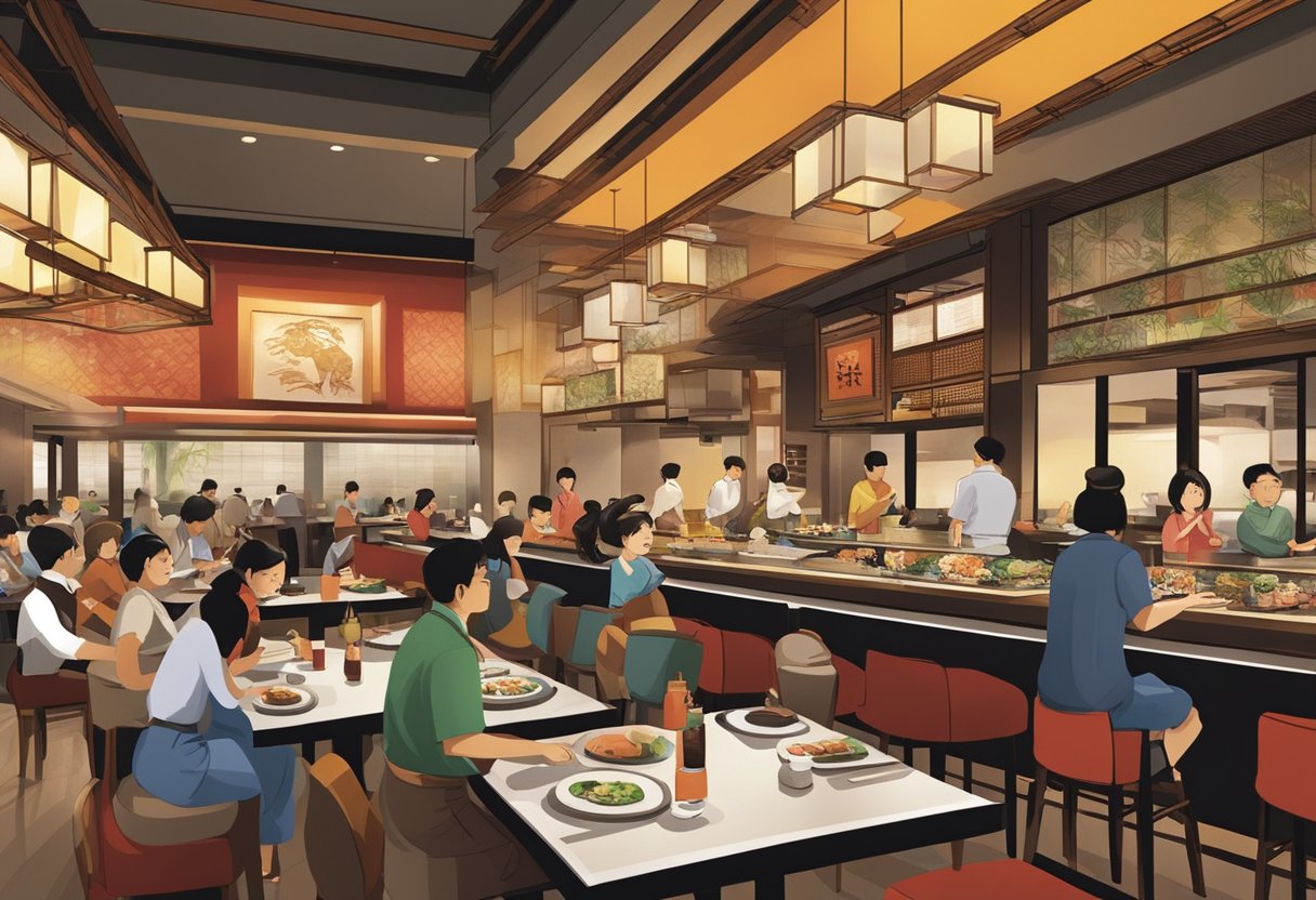 A bustling restaurant with a modern Asian decor, filled with diners enjoying teppanyaki grills and sushi. A sign prominently displays "Frequently Asked Questions" about the Benihana Singapore experience