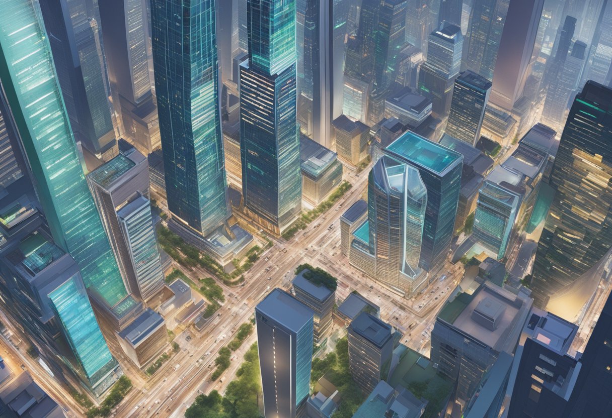 A bustling financial district with skyscrapers and a busy trading floor, with the Webull Singapore logo prominently displayed