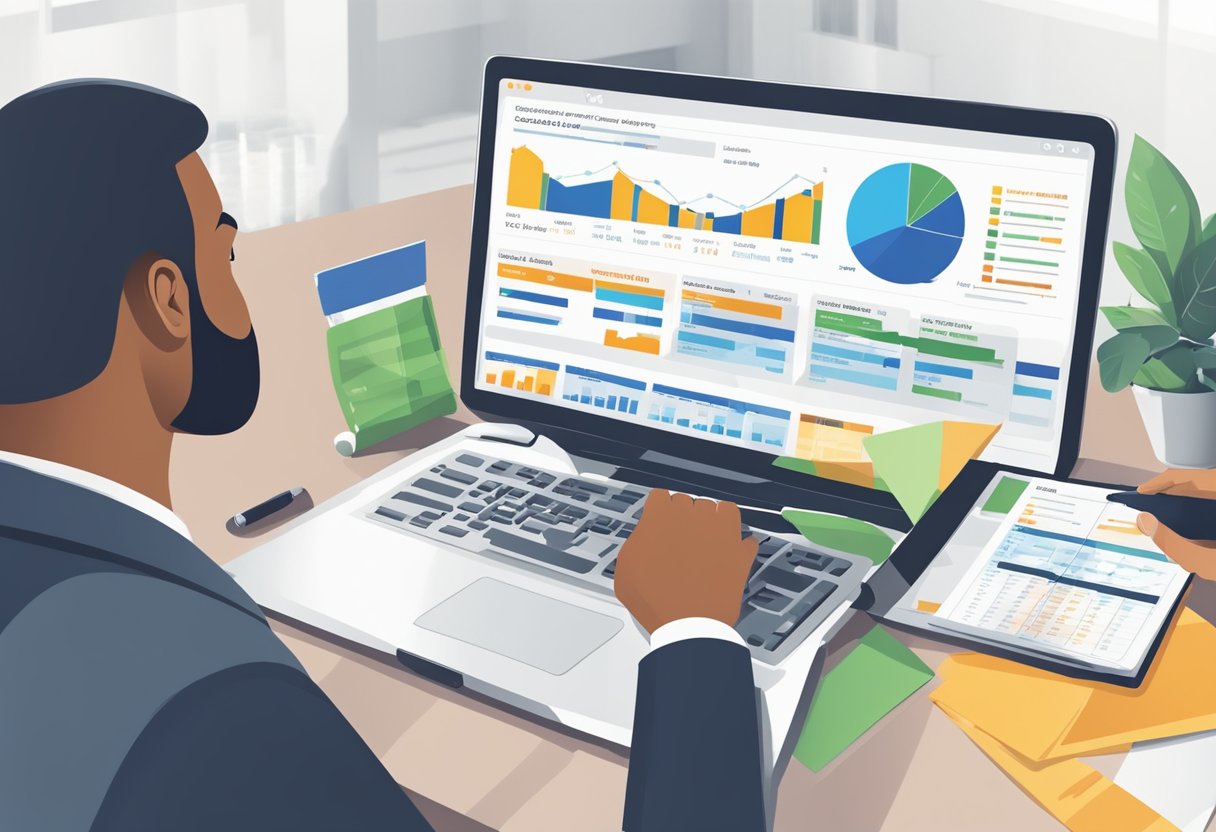 A person reviewing a credit report on a computer, with charts and graphs showing credit score and history