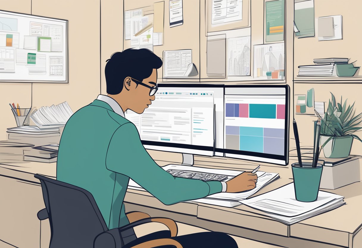 A person sitting at a desk, looking at a computer screen with the CBS Singapore website open, surrounded by papers and a pen