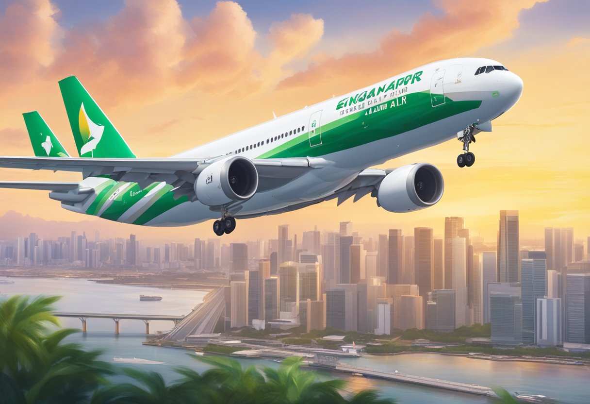 A vibrant Eva Air plane lands at Changi Airport, with the iconic Singapore skyline in the background