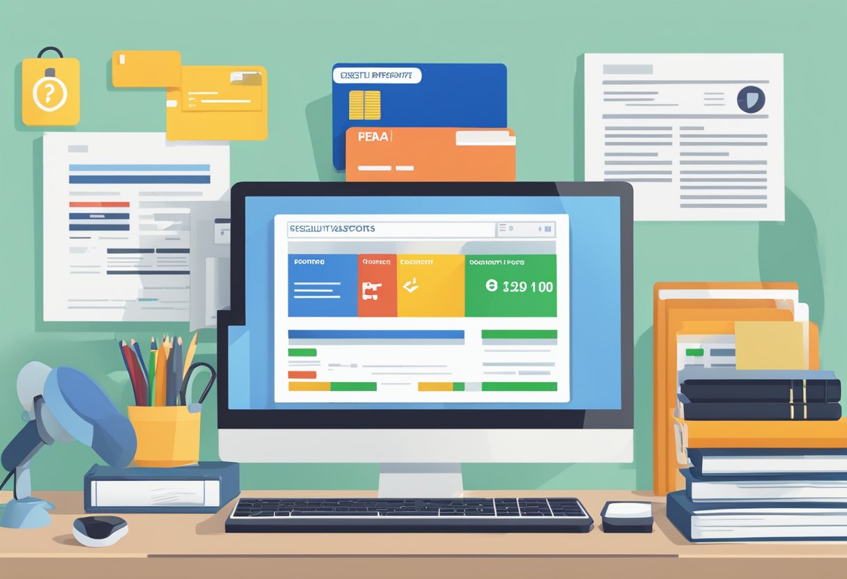 A stack of credit reports with "Frequently Asked Questions" prominently displayed on a computer screen, surrounded by office supplies and a Singaporean flag