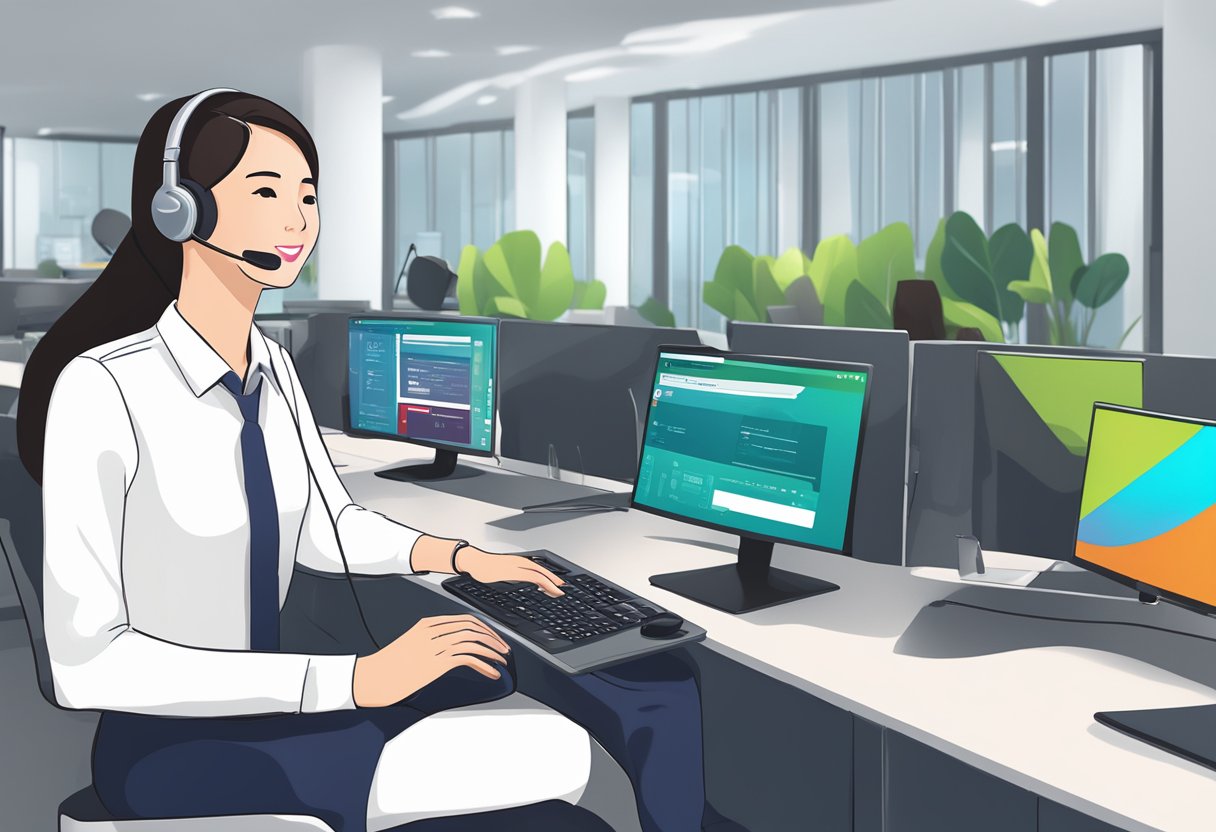 A customer service representative answering questions on a computer screen with the LG Singapore logo in the background
