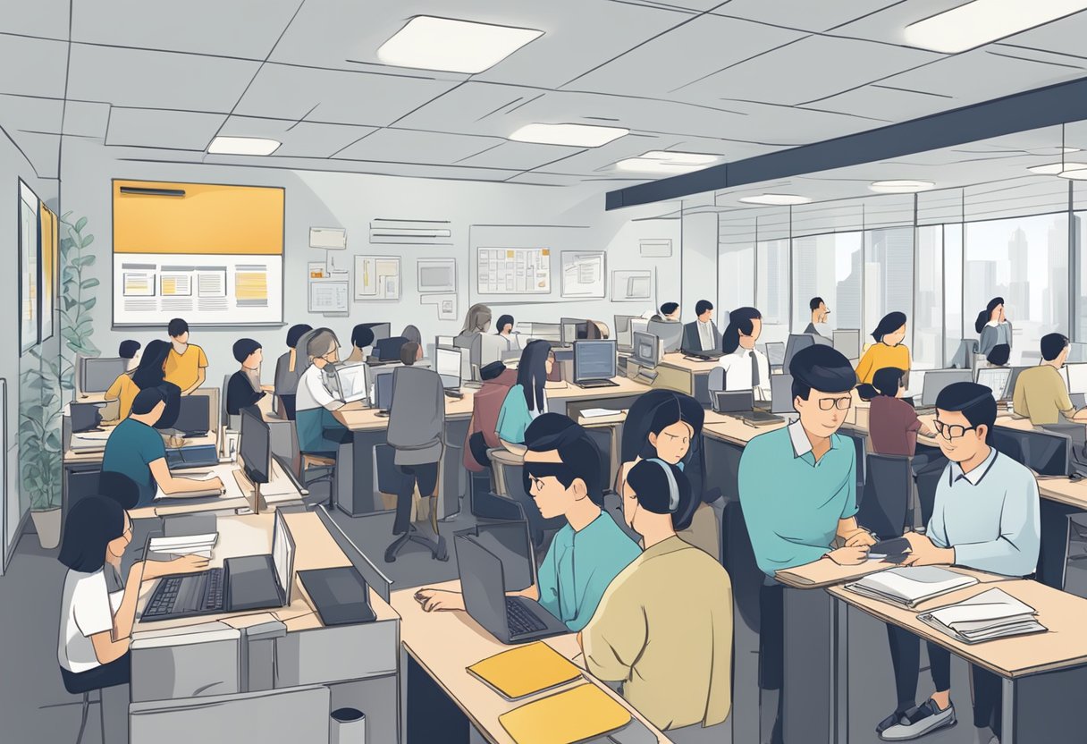 A crowded office with people at desks, a large sign reading "Frequently Asked Questions cbs singapore" on the wall, and a line of customers waiting to ask questions