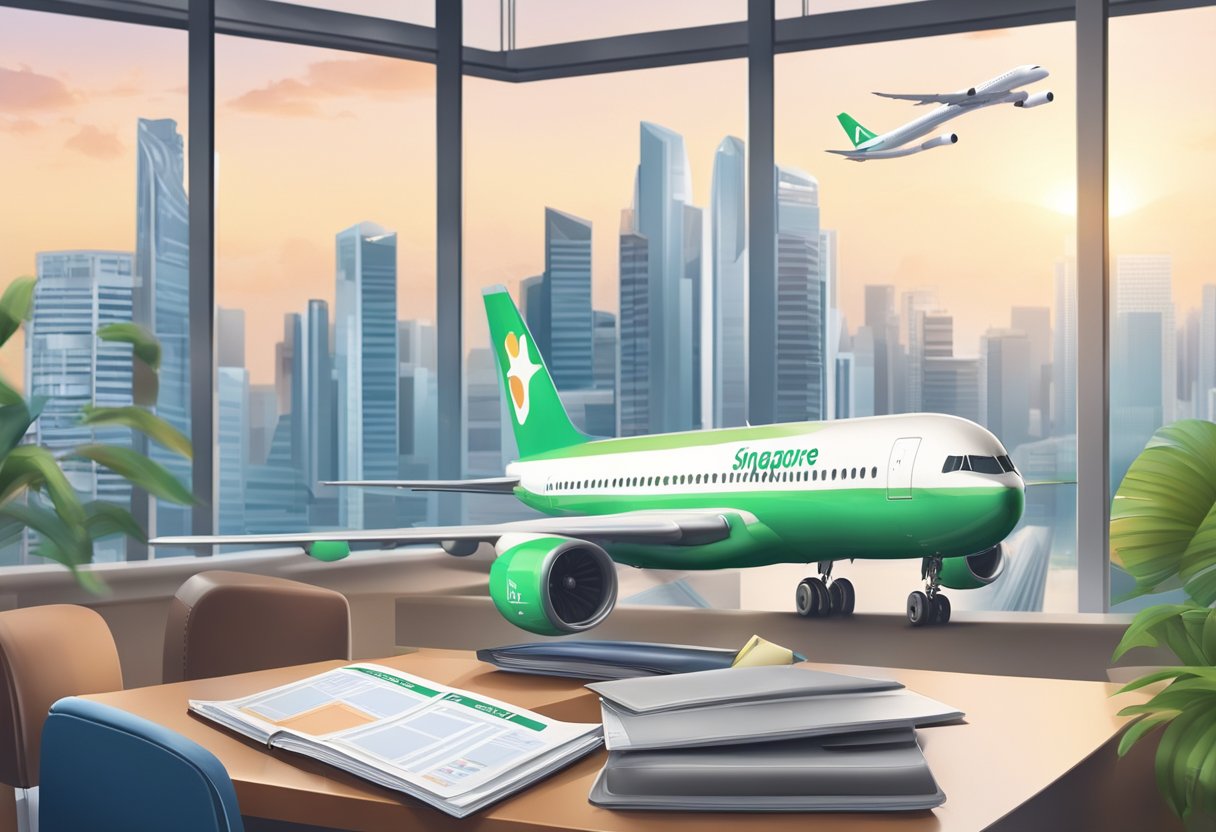 Passengers booking EVA Air tickets to Singapore. Luggage, passport, and travel guide on a table. Airplane model and Singapore cityscape in the background