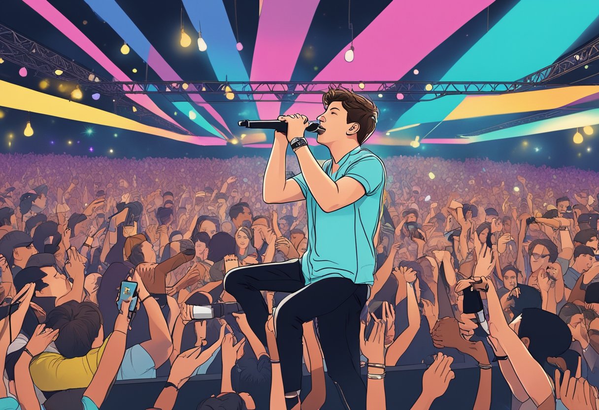 Charlie Puth performing on stage in Singapore, surrounded by a sea of enthusiastic fans, with colorful lights and a vibrant atmosphere