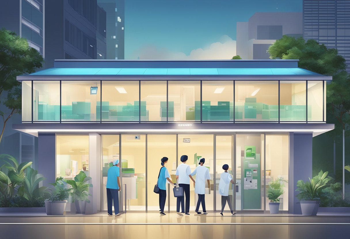 A brightly lit 24-hour clinic in Singapore, with a prominent sign and a steady stream of patients entering and exiting the facility
