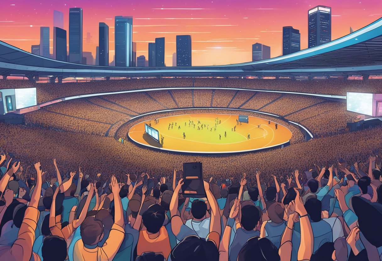 A crowd of fans fills the stadium, lights flashing, as Charlie Puth performs on stage in Singapore. The energy is electric, with music and excitement in the air