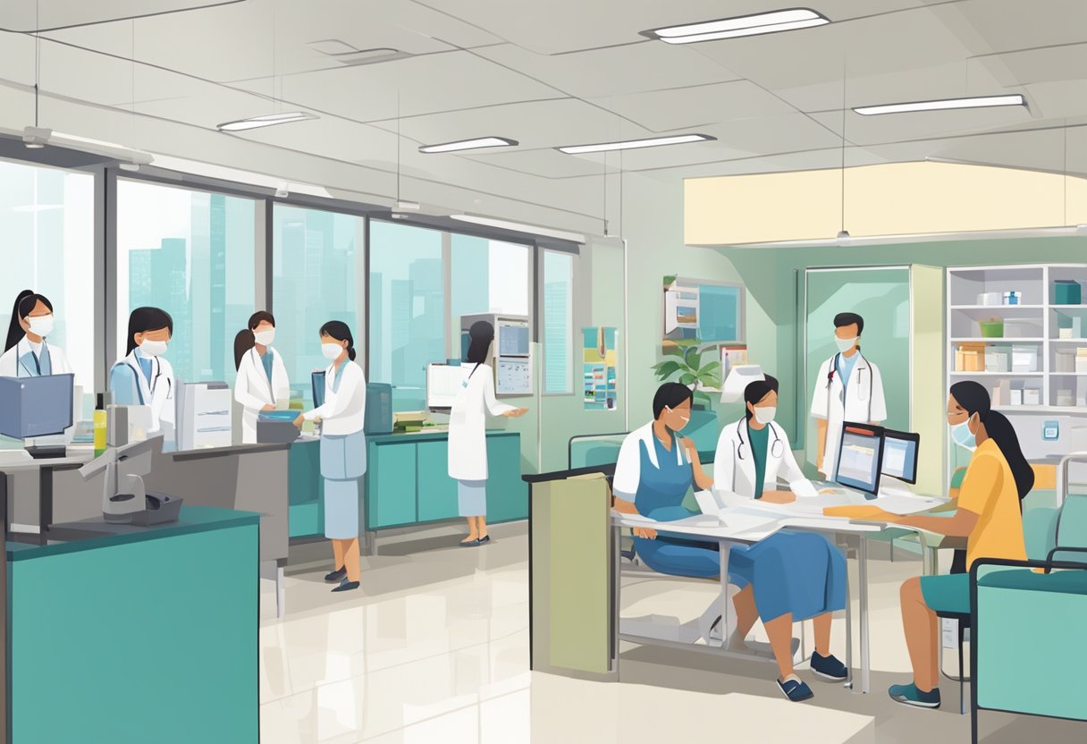A brightly lit 24-hour clinic in Singapore, with a prominent sign reading "Patient Information and Support." The clinic is bustling with activity, with staff members assisting patients and visitors