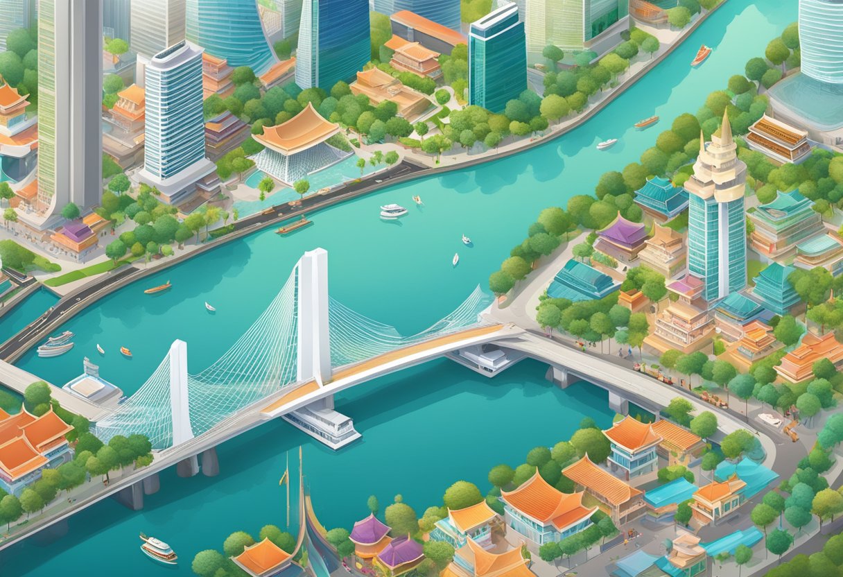 A vibrant cityscape with iconic landmarks like the Marina Bay Sands, Gardens by the Bay, and the bustling streets of Chinatown