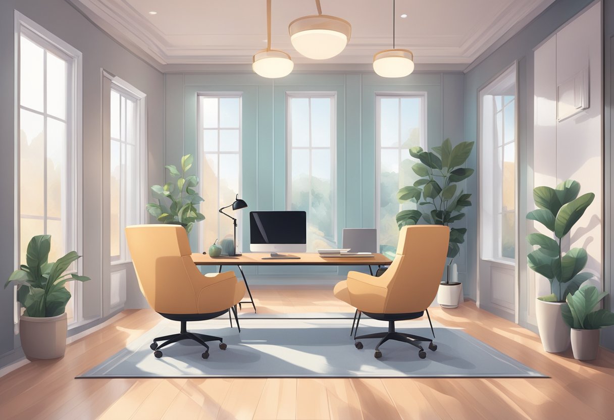A serene office with two comfortable chairs facing each other, soft lighting, and a calming color scheme, evoking a sense of safety and tranquility