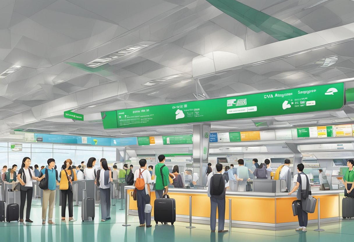 Passengers at Eva Air Singapore counter, staff answering FAQs, signage visible, busy airport backdrop