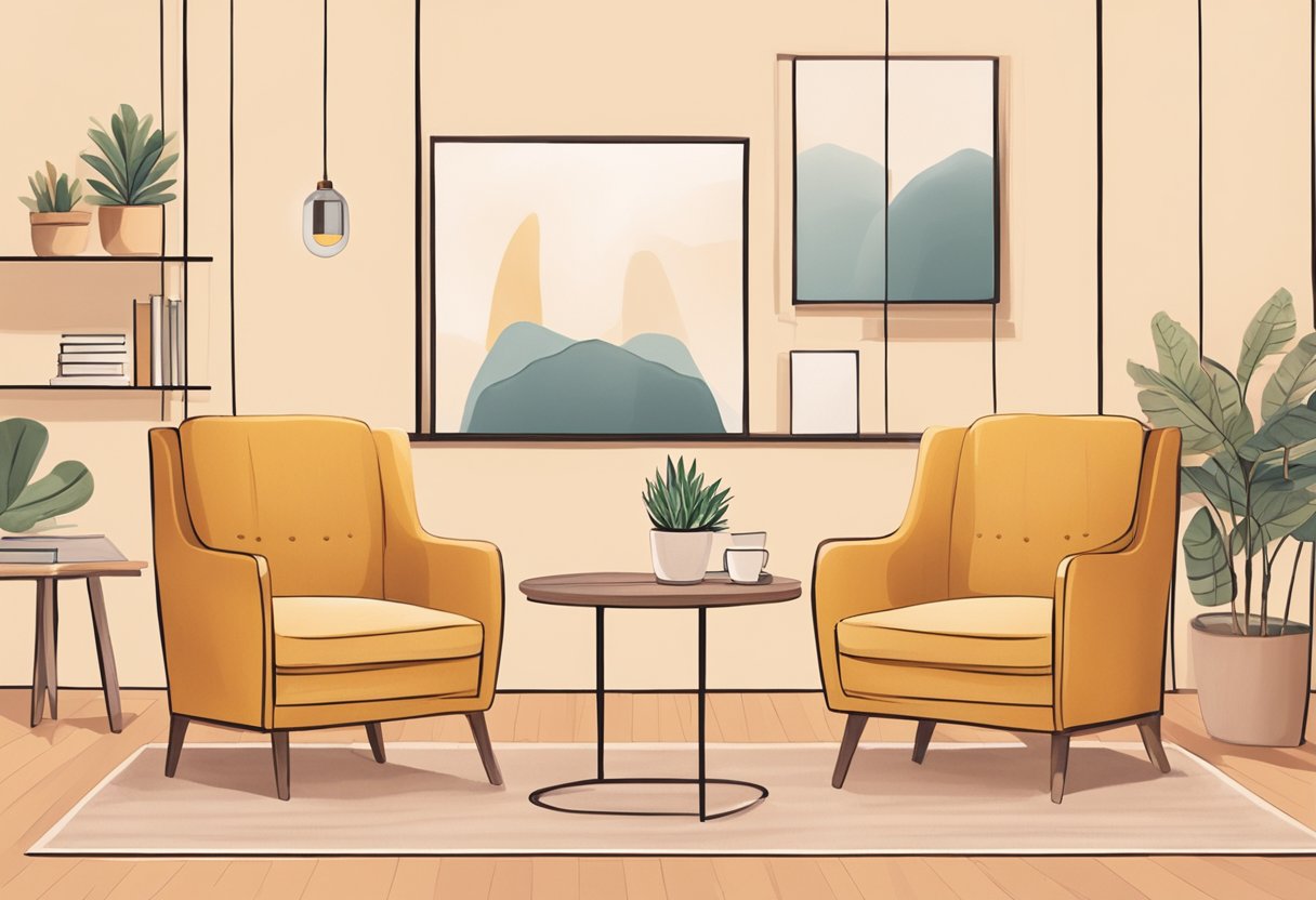 A cozy office with two chairs facing each other, a small table in between. Soft lighting and warm colors create a peaceful atmosphere for counseling sessions