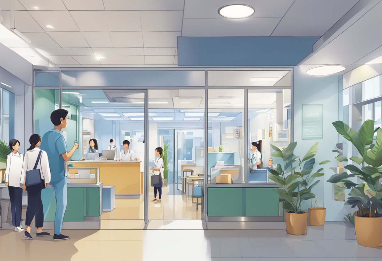 A brightly lit 24-hour clinic in Singapore with a prominent "Frequently Asked Questions" sign displayed. The clinic is bustling with activity, with patients coming and going at all hours