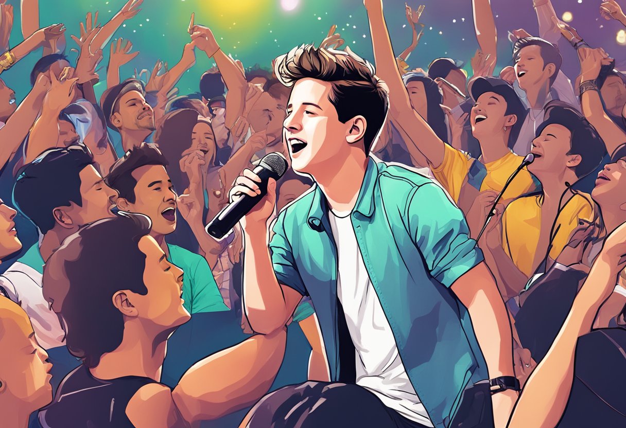 Charlie Puth performing on stage in Singapore with a lively crowd