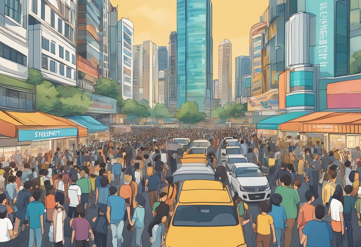 A bustling city street with a large sign reading "Frequently Asked Questions Charlie Puth Singapore" above a crowd of people