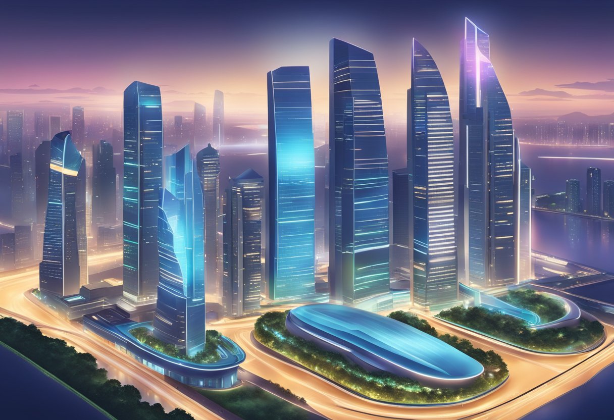 A futuristic cityscape with sleek skyscrapers and glowing lights, showcasing Singapore's modernity and technological advancement