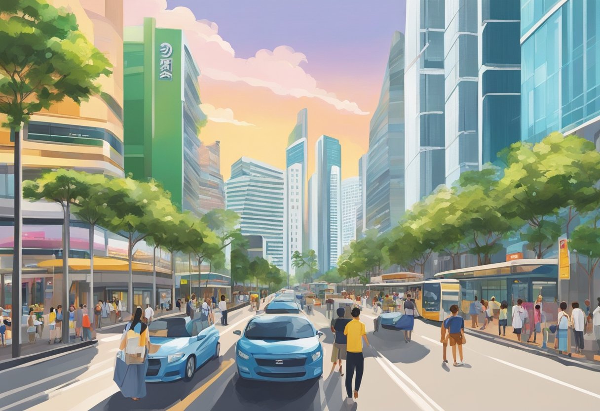 The bustling Orchard Road in Singapore is lined with towering hotels, their sleek facades gleaming in the sunlight. The street is alive with the energy of shoppers and tourists, creating a vibrant and dynamic scene