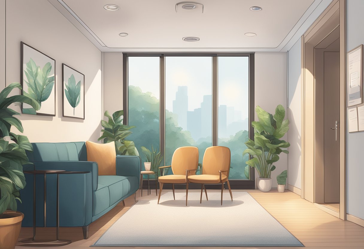 A serene office space with comfortable seating, soft lighting, and calming decor. A sign on the door reads "Specialised Counselling Services - Counselling Singapore."