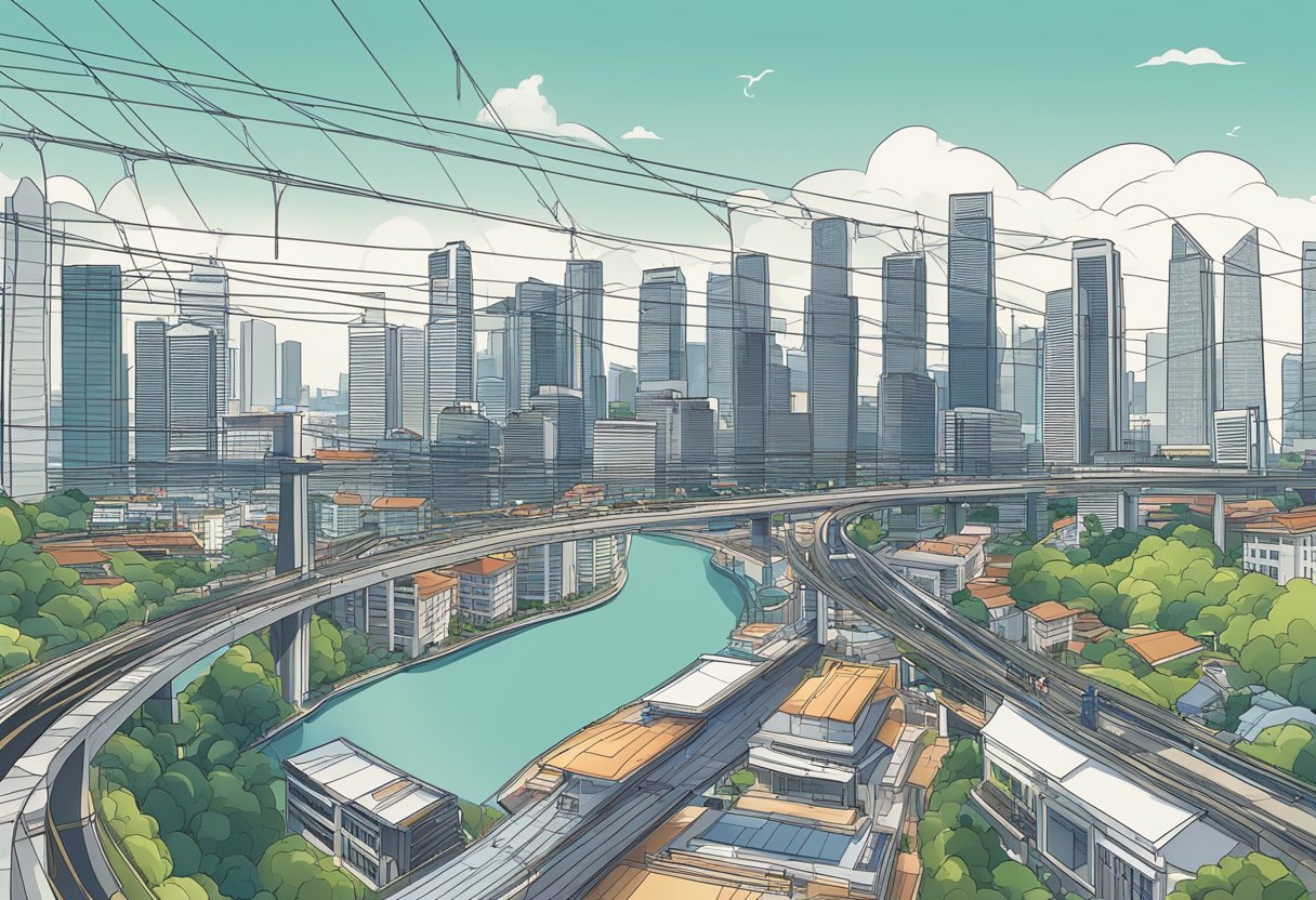 A cityscape of Singapore with iconic landmarks and a network of power lines stretching across the urban landscape