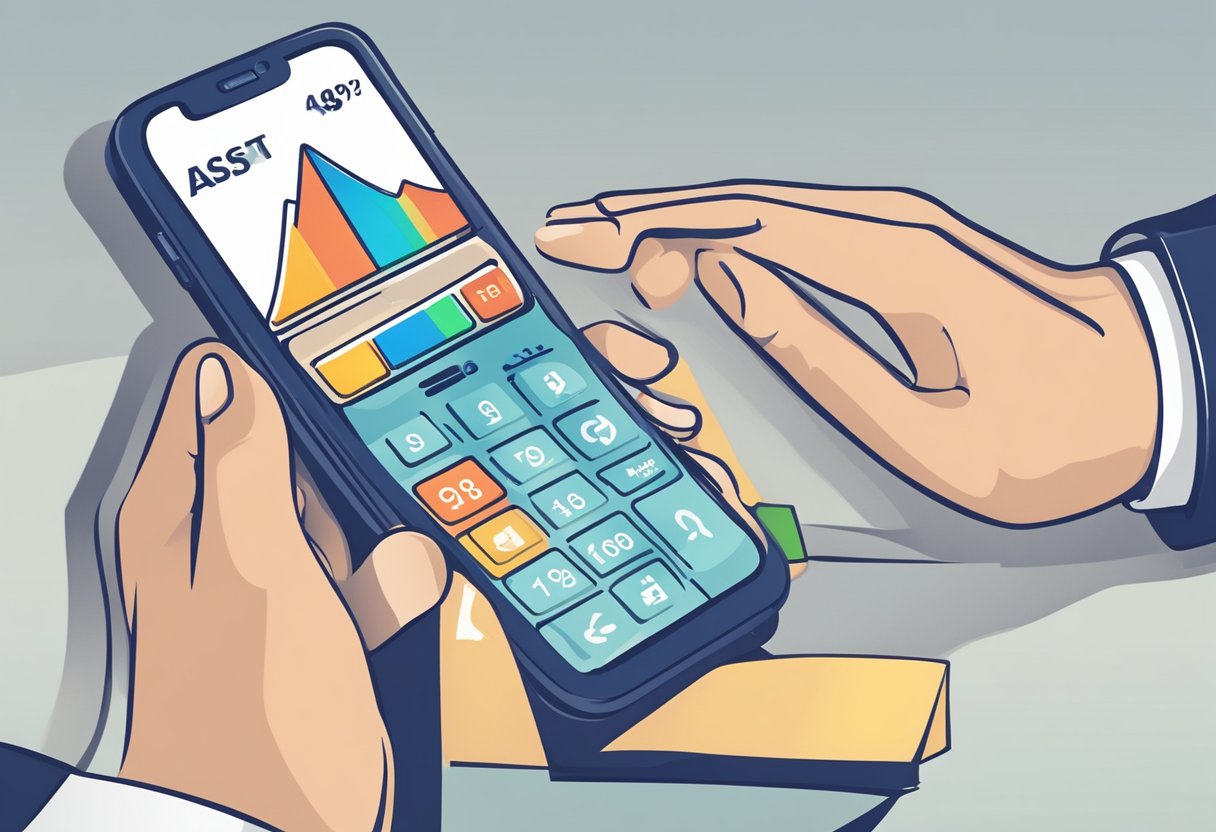 A hand holding a smartphone with a mortgage calculator app open, showing a property price, interest rate, and loan term