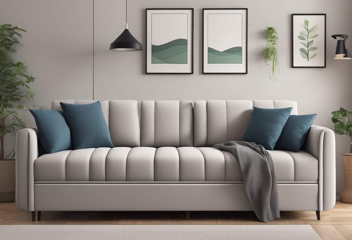 A stylish sofa bed in a cozy living room, with a sleek design and multifunctional features for maximum comfort and practicality