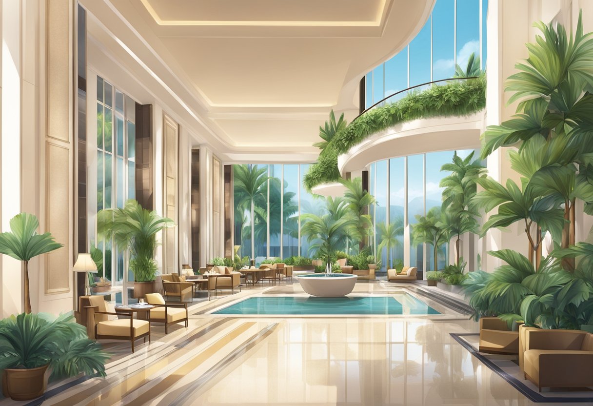 Luxurious hotel lobby with concierge, spa, and dining options. Outdoor pool and lush gardens. Elegant rooms with city views