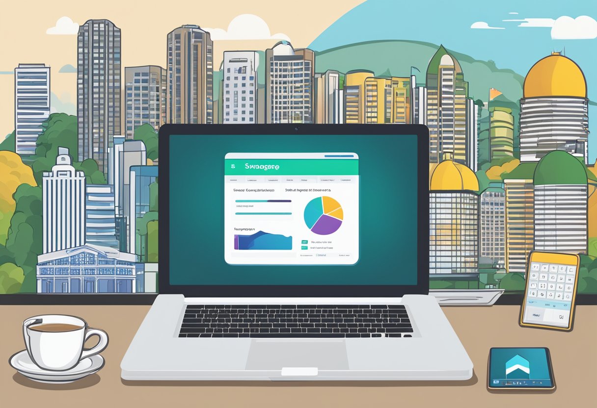 A laptop displaying a mortgage calculator website with Singaporean landmarks in the background
