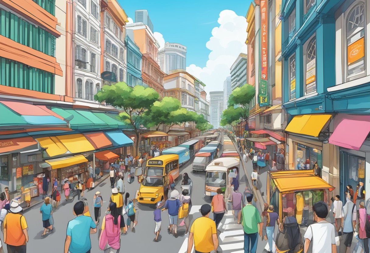 A bustling street in Collins Singapore with colorful shophouses and vibrant signage. Pedestrians and traffic fill the lively urban scene