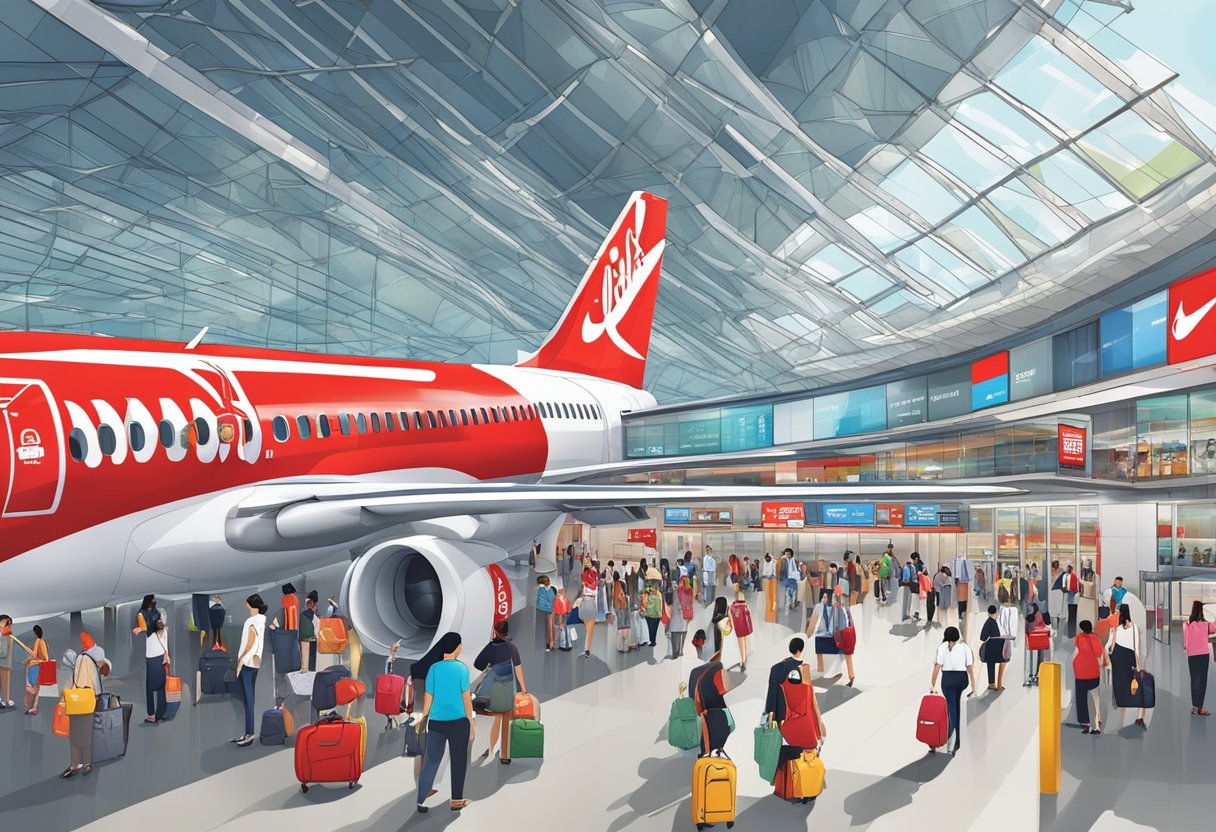 AirAsia Singapore terminal bustles with passengers, planes, and staff. The sleek, modern architecture and vibrant signage create a lively and bustling atmosphere