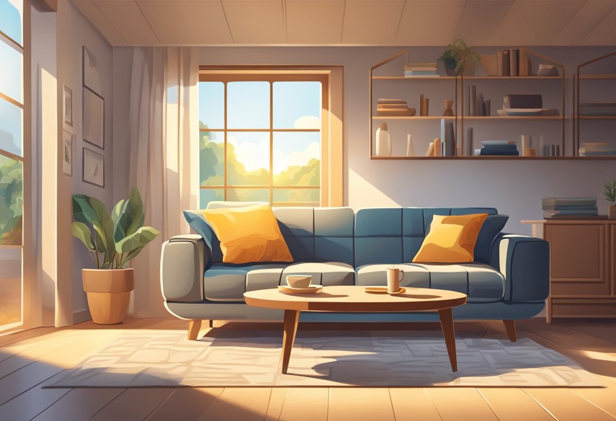 A cozy living room with a modern sofa bed, neatly folded with fluffy pillows and a soft throw blanket. Bright sunlight streams in through the window, casting a warm glow on the furniture
