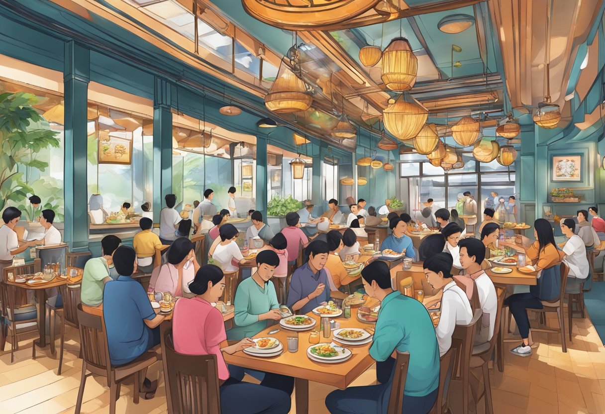 A bustling restaurant with a vibrant atmosphere, featuring a variety of delicious dishes and a menu showcasing the best of Singaporean cuisine