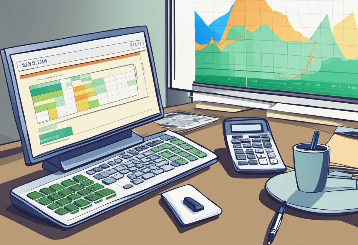 A calculator on a desk with a pen and mortgage repayment figures displayed on a computer screen