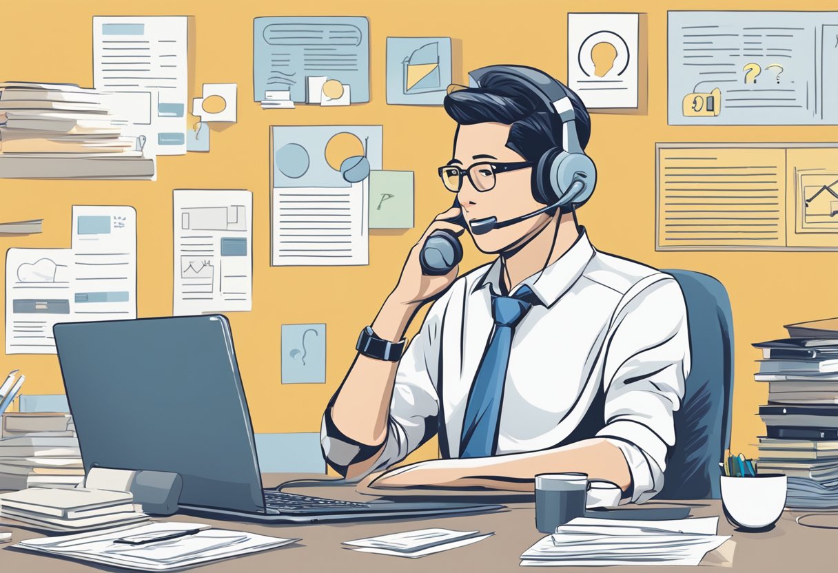 A customer service representative at a desk, with a computer and phone, surrounded by a wall of frequently asked questions about Singapore Power