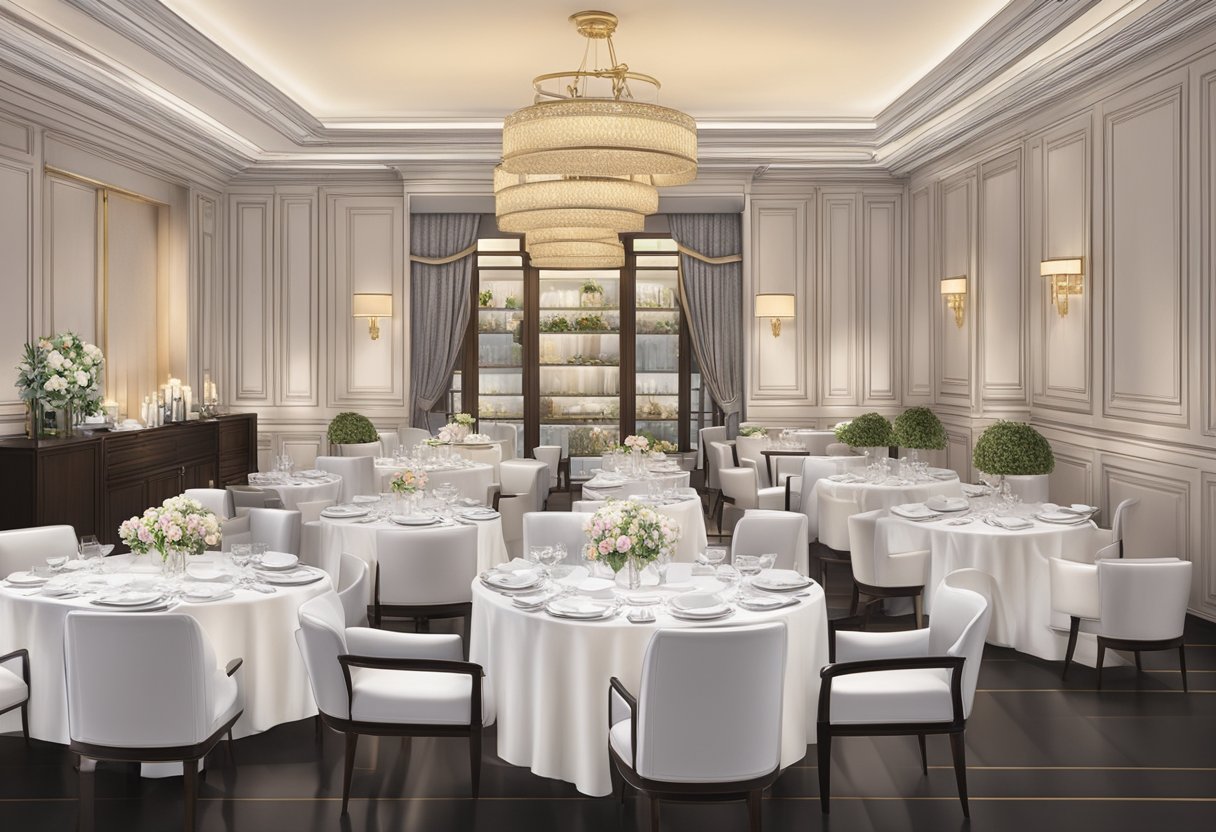 A table set with elegant dinnerware, surrounded by chic decor and soft lighting at Collin's® Dining Experience, Collins Singapore