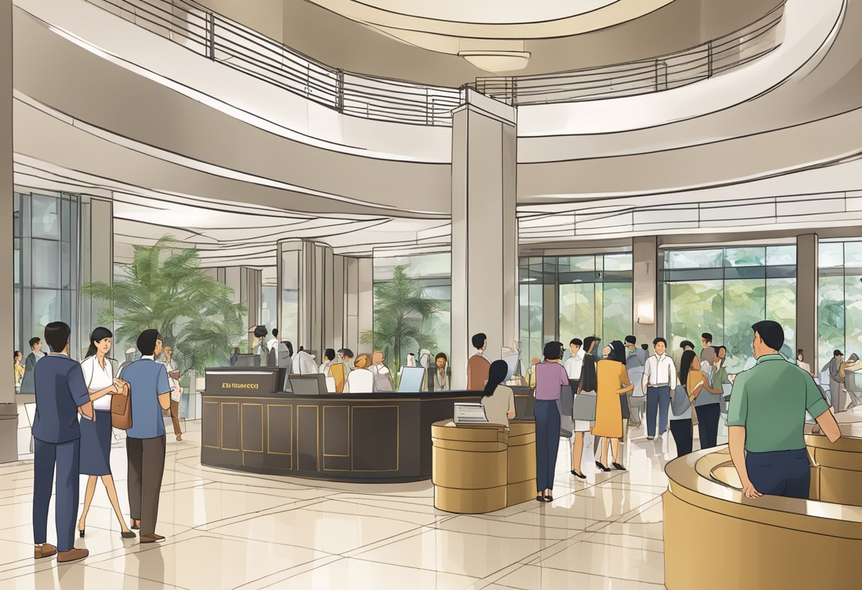A bustling hotel lobby in Orchard Road, Singapore, with guests checking in, staff assisting, and a prominent "Frequently Asked Questions" sign
