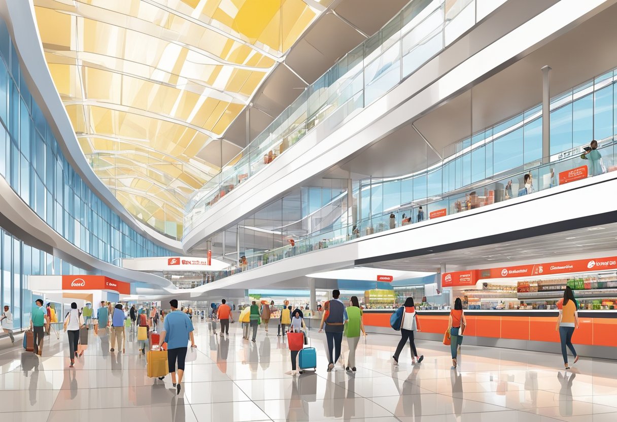 Passengers walking past duty-free shops and restaurants in Terminal 4, airasia Singapore. Bright, modern architecture with natural light streaming in