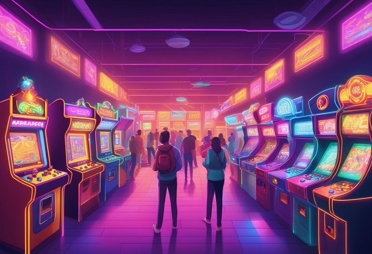 Brightly lit arcade with colorful neon signs, bustling with people playing games and winning prizes, surrounded by rows of flashing arcade machines