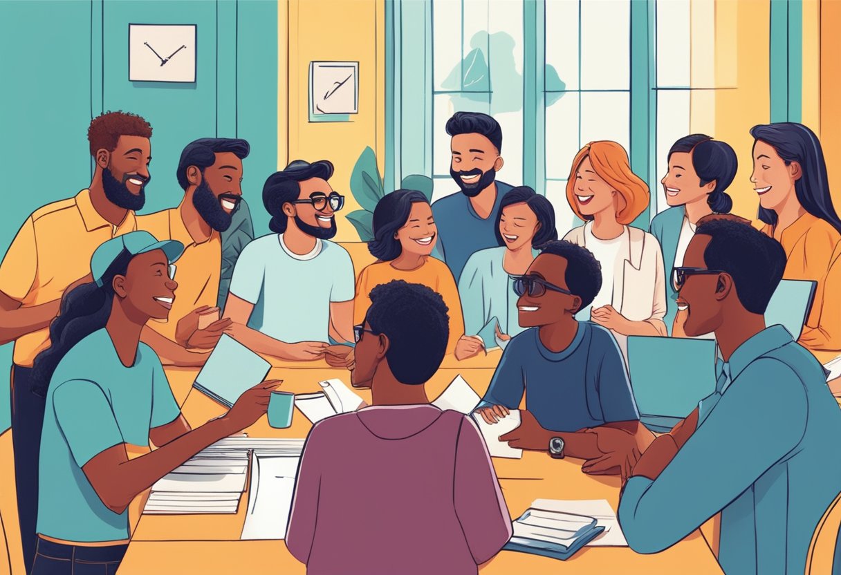 A group of people gathered in a lively discussion, using unique slang and inside jokes, creating a vibrant community atmosphere