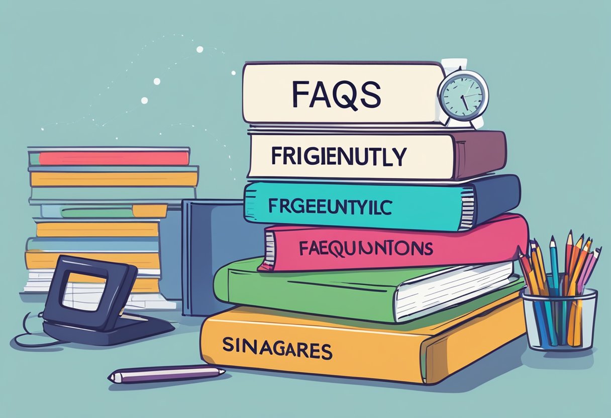 A stack of FAQs with the title "Frequently Asked Questions collins singapore" on a desk, surrounded by office supplies