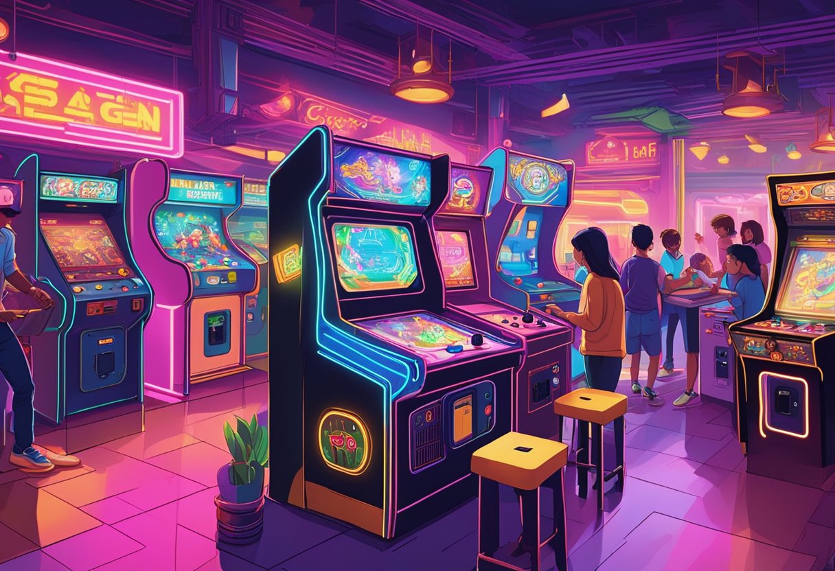 Players engage in vibrant arcade games under neon lights, surrounded by retro decor and lively music in a bustling Singapore arcade