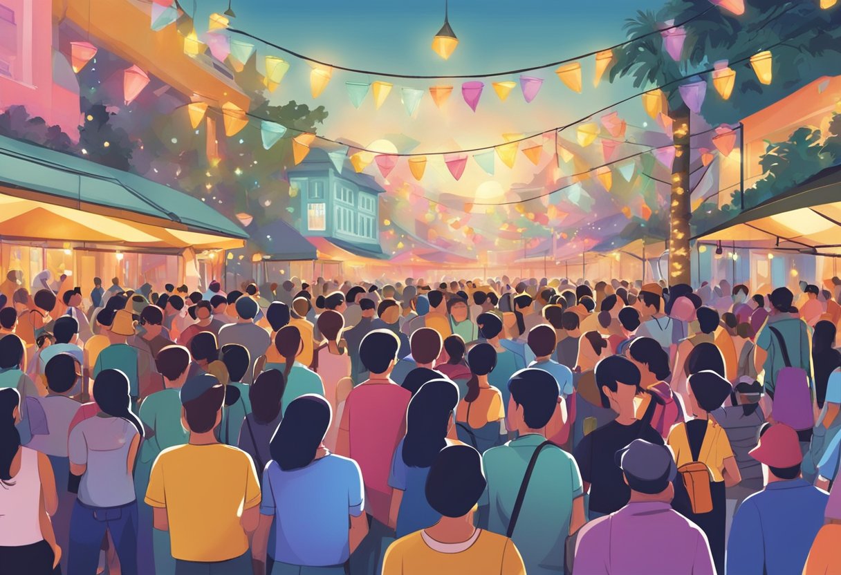 A bustling crowd enjoys live music and performances at an outdoor event in Singapore. Bright lights and colorful decorations create a lively atmosphere