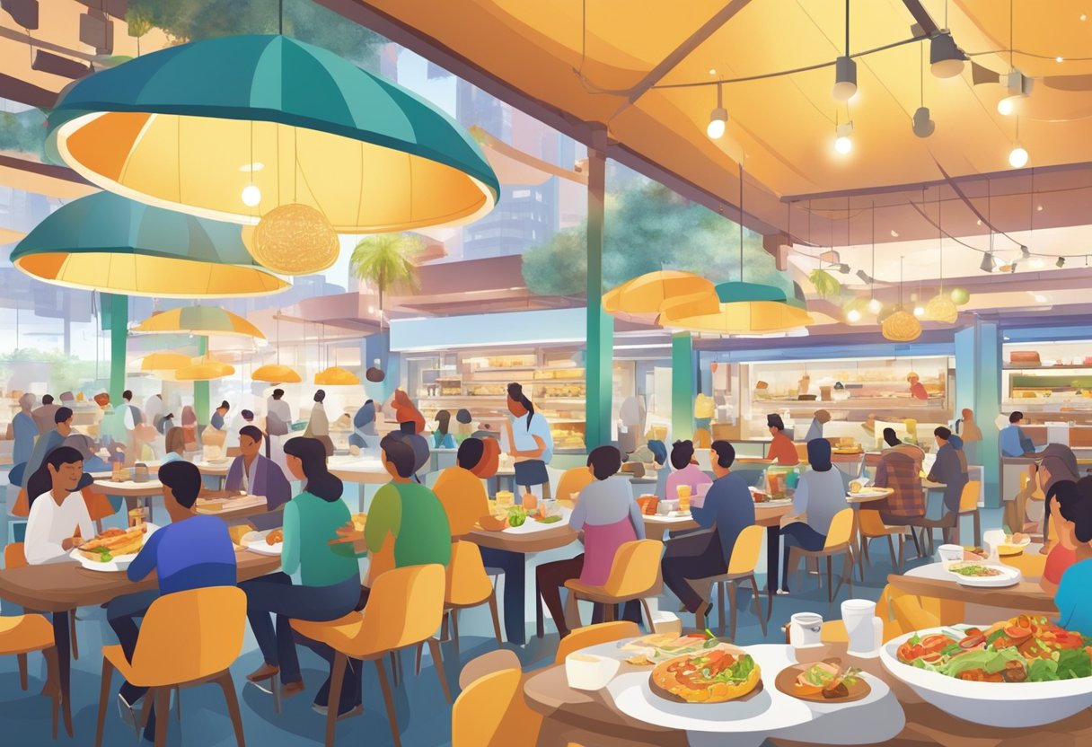 A bustling food court with a variety of cuisines and diners enjoying their meals at tables. Brightly lit stalls display colorful dishes