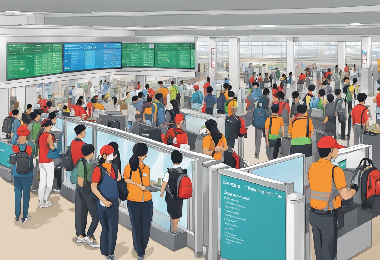 AirAsia Singapore terminal bustling with passengers, check-in counters, and signage. A queue forms at the information desk. Security personnel patrol the area