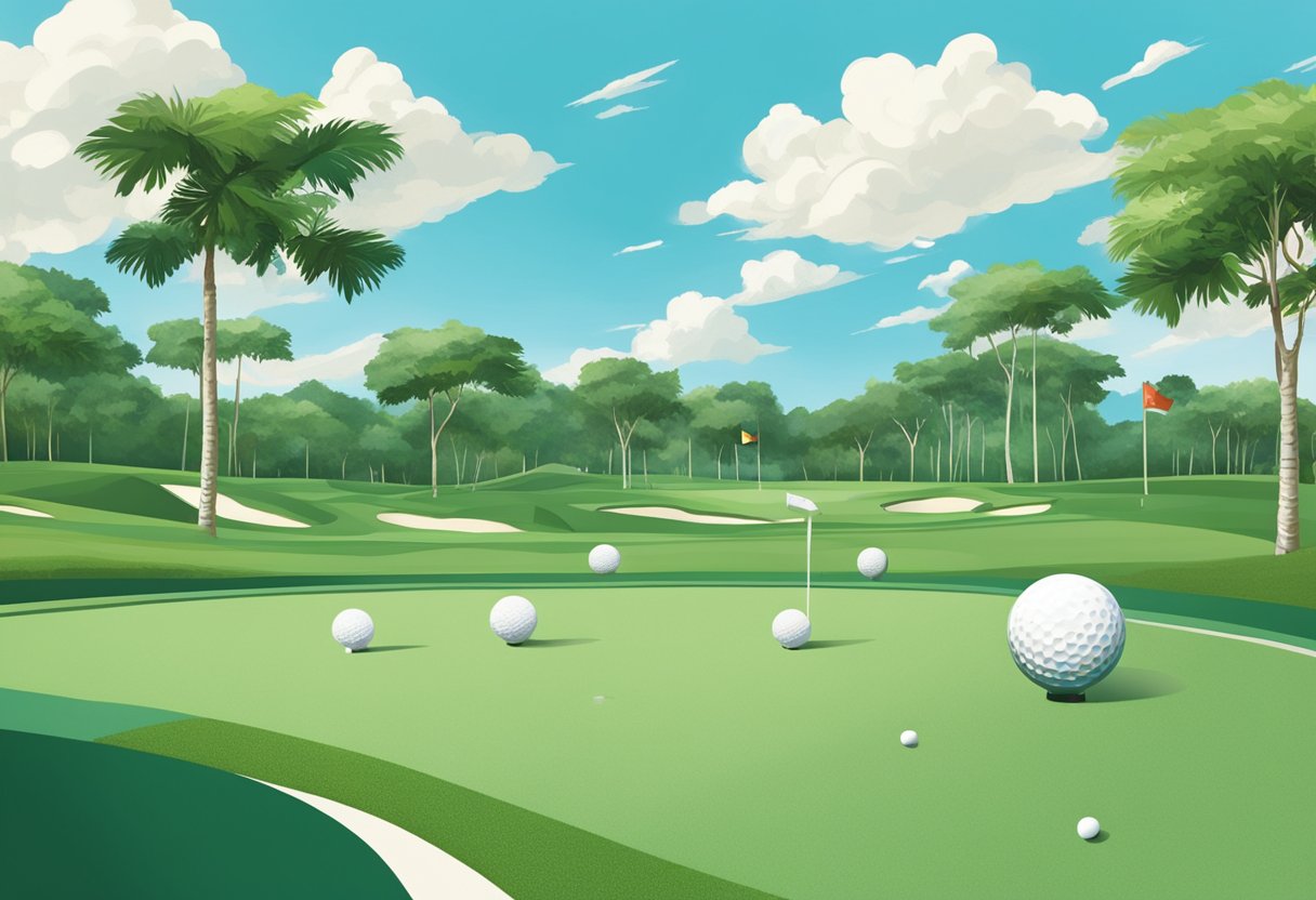 Golf balls soar at a driving range in Singapore, surrounded by lush greenery and a clear blue sky