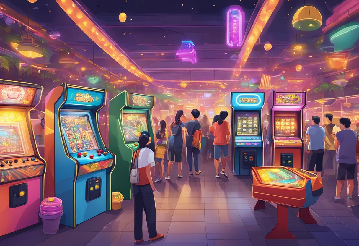 A bustling arcade with flashing lights, colorful game machines, and excited players enjoying various entertainment options in Singapore
