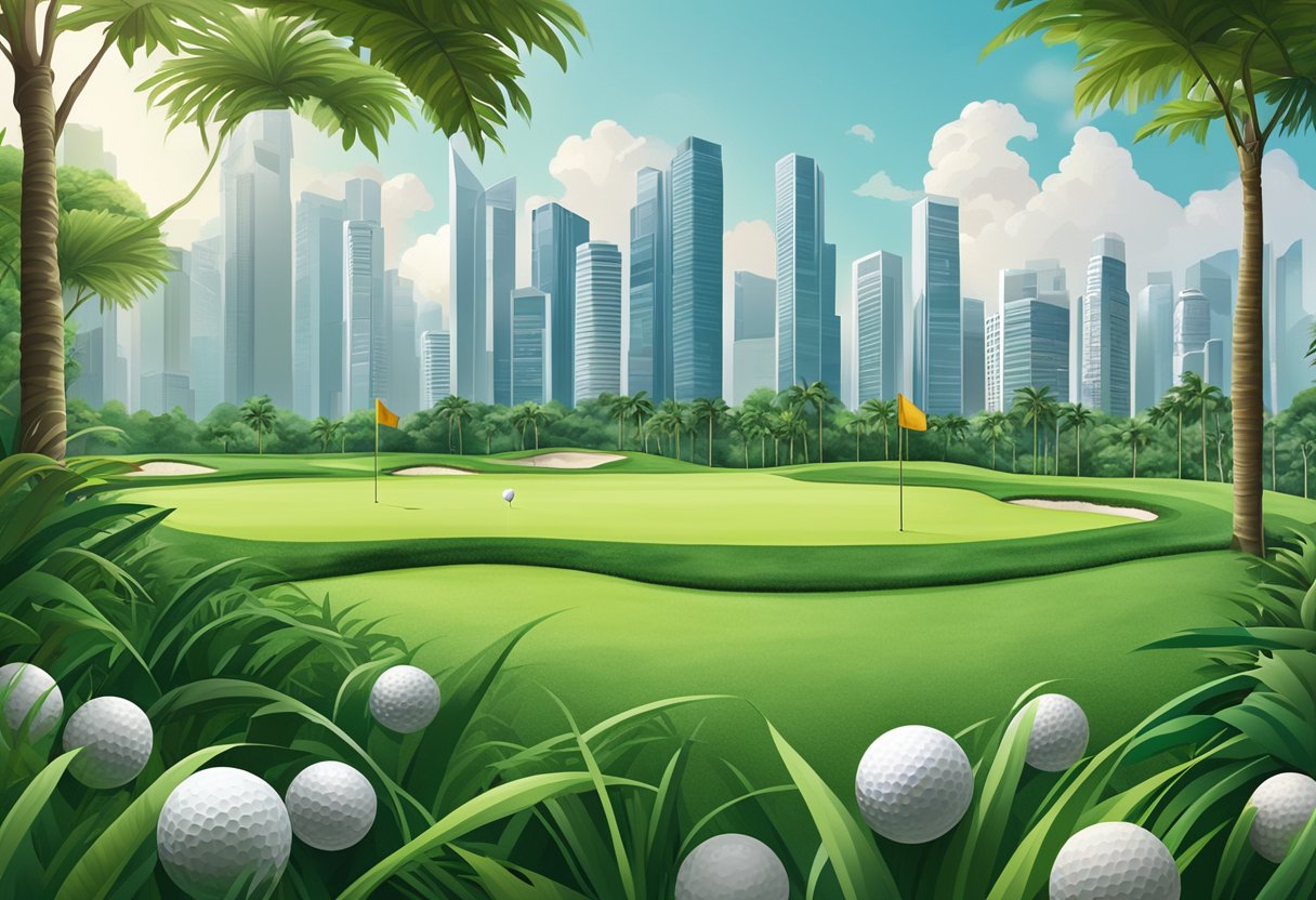 Golf balls soar across lush green driving ranges in Singapore, framed by towering city skyscrapers and tropical foliage